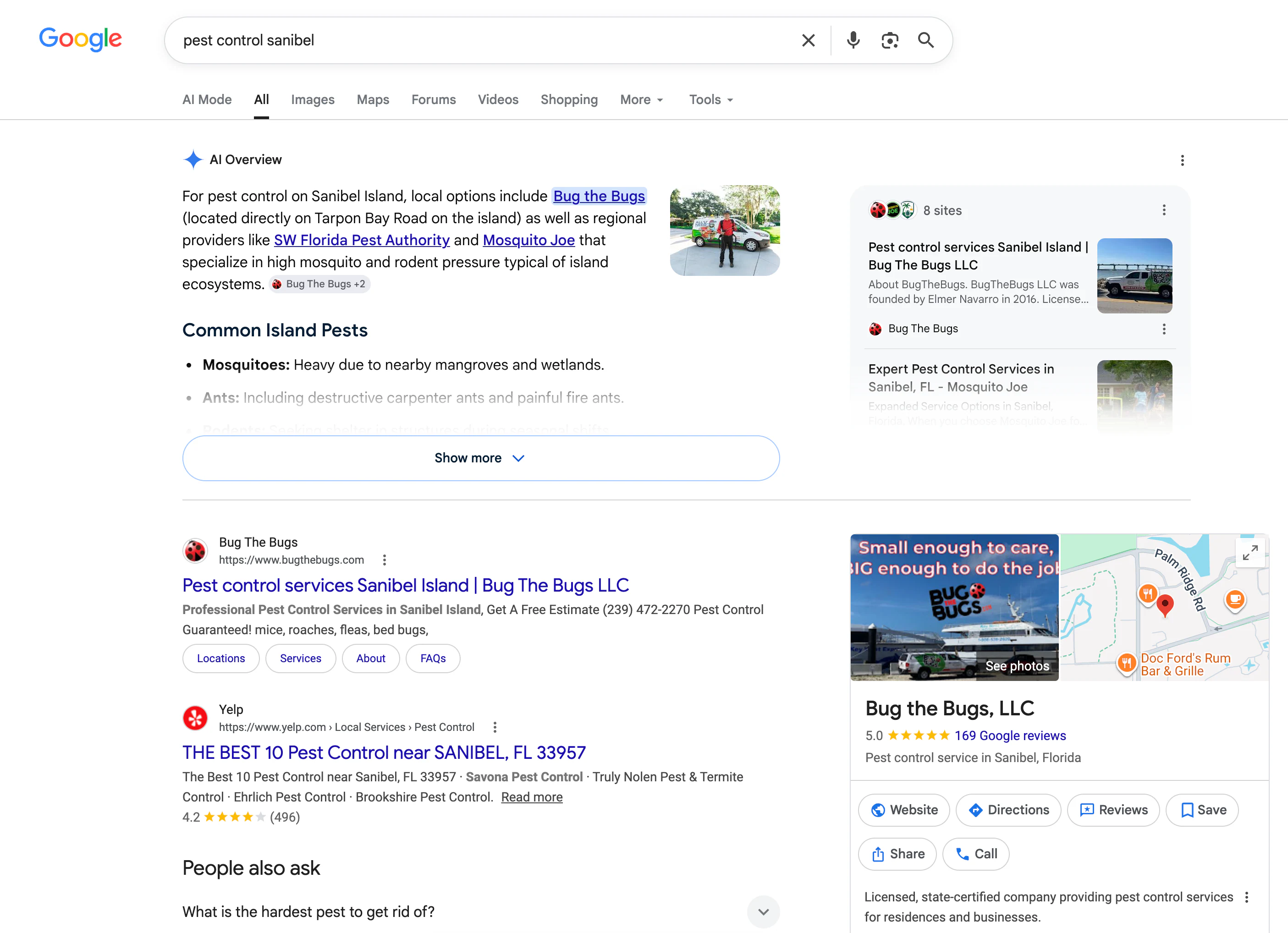 Captured Google search for pest control Sanibel showing Bug the Bugs in the AI Overview, organic results, and local business presence